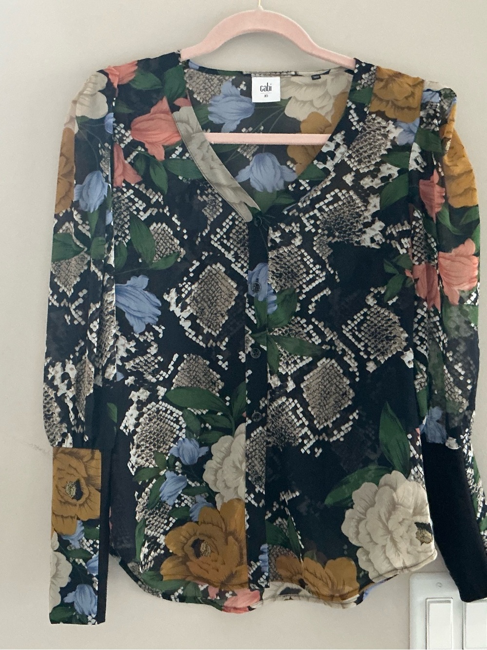 CAbi Black Floral & Snake-Print Button Front Blouse